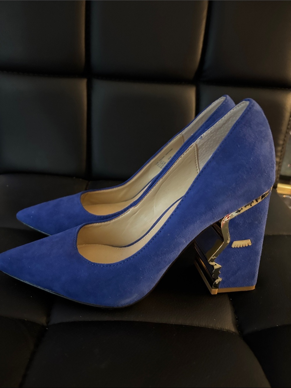 Blue Suede Pointed-Toe Block Heel Pumps